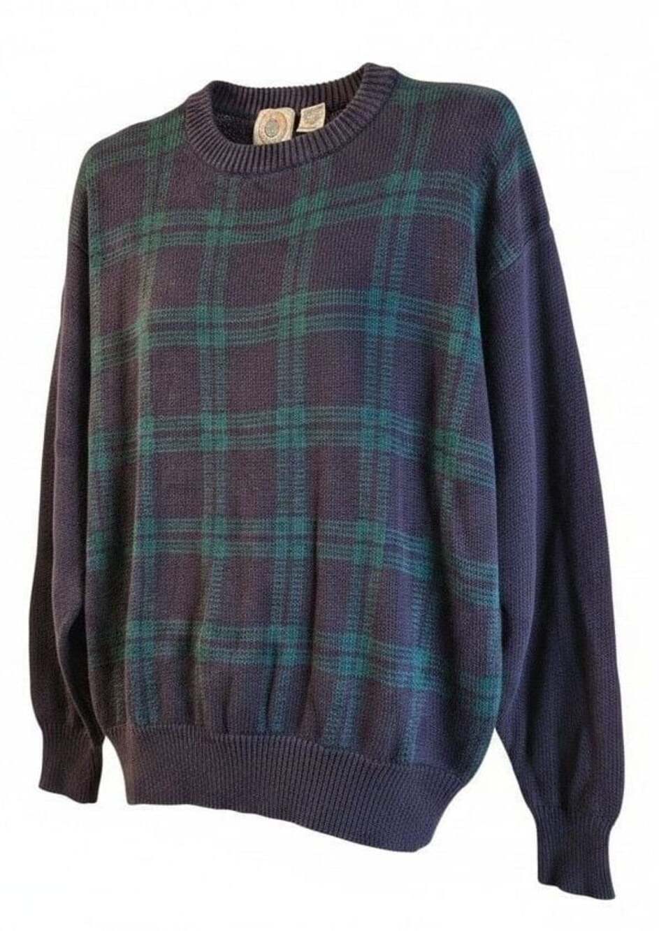 Cape Isle Knitters Plaid Crew Neck Cotton Ramie Knit Sweater Blue Green XL NWT